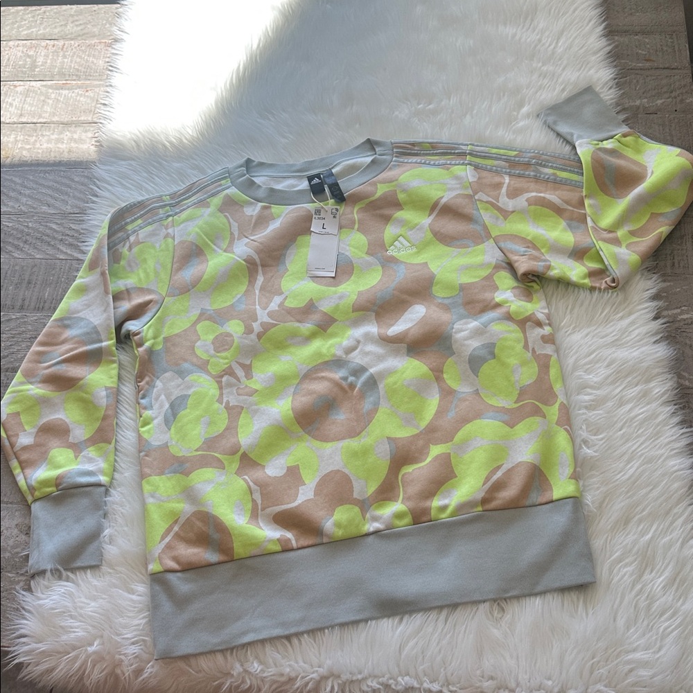 adidas Women’s Floral Graphic 3-stripes Fleece Sweatshirt Sz L NWT